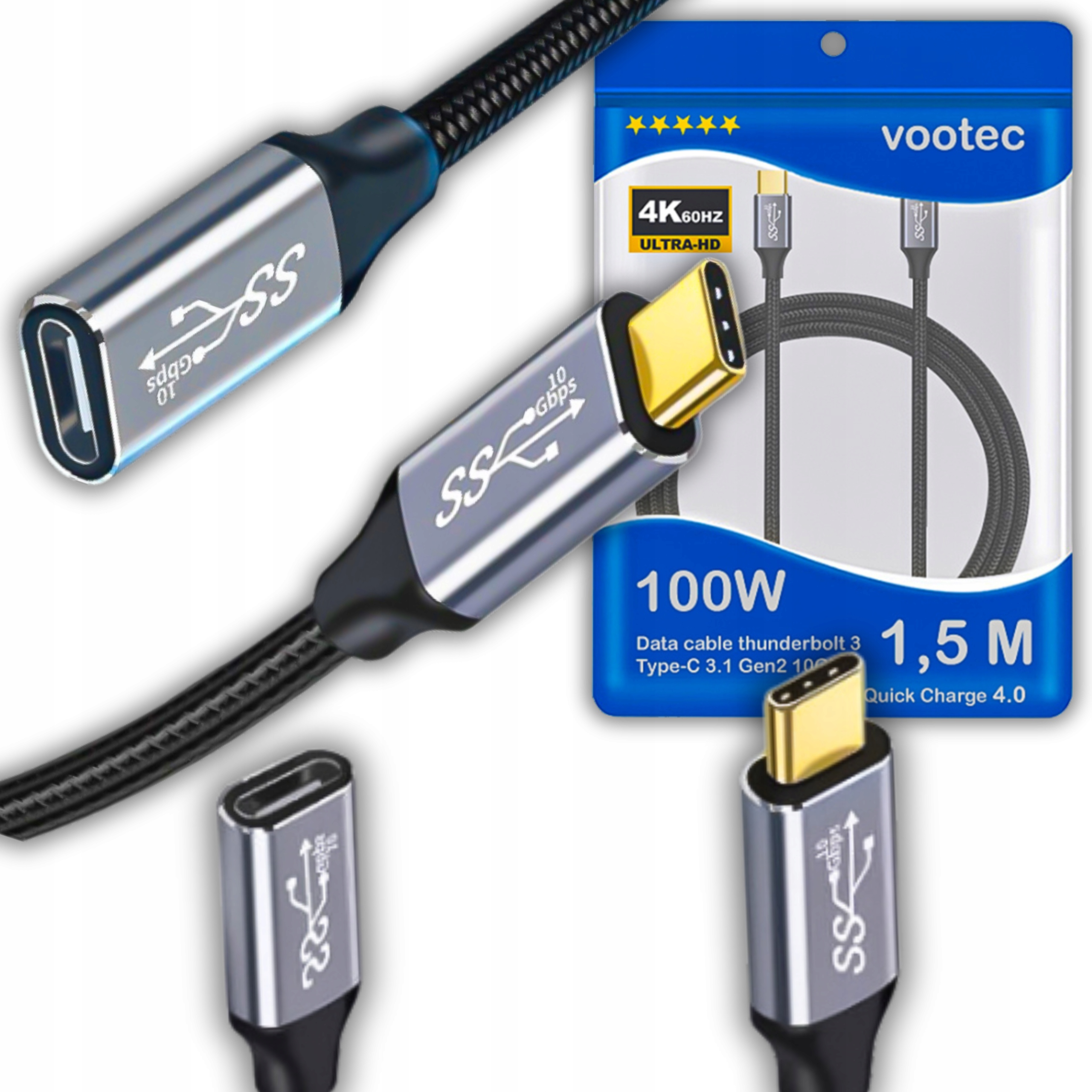 Vootec USB-C Thunderbolt 3 10Gbps 100W predlžovací kábel